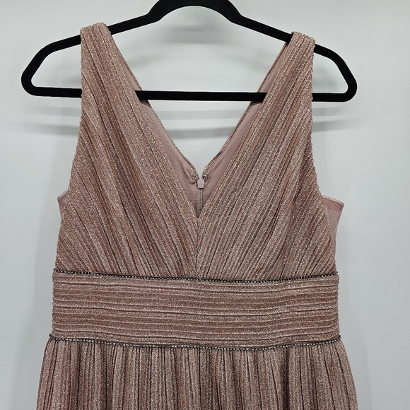 Adrianna Papell Pleated metallic vneck Gown Women size 8 Blush Pink maxi Formal - Picture 6 of 15